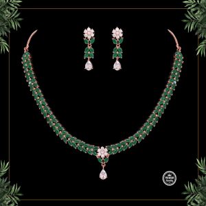 Green Color American Diamond Rose Gold Necklaces Set-0