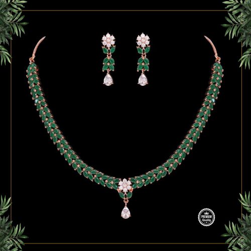 Green Color American Diamond Rose Gold Necklaces Set