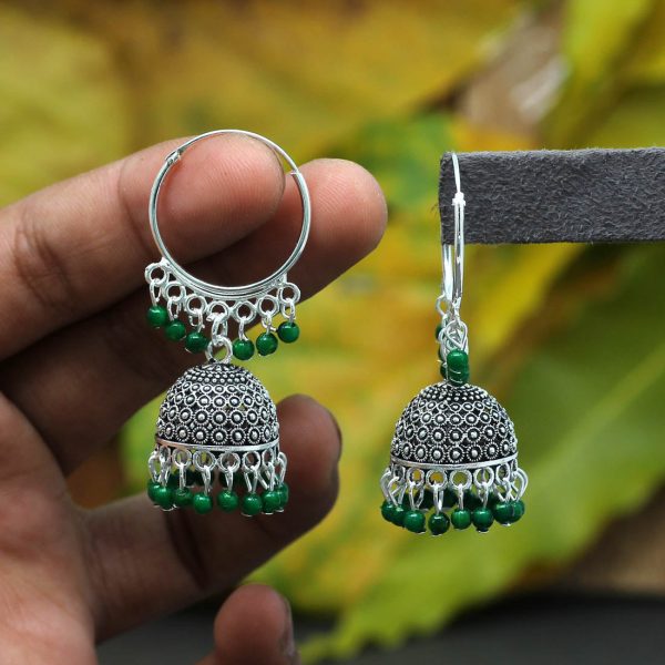 Green Color Beads Oxidised Earrings-0
