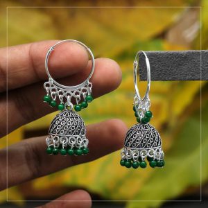 Green Color Beads Oxidised Earrings-0
