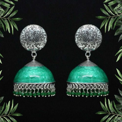 Green Color Beads Oxidised Meenakari Earrings