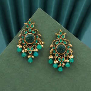 Green Color Carving Stone Antique Earrings-0