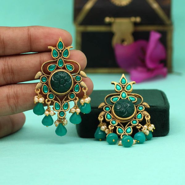 Green Color Carving Stone Antique Earrings-14456