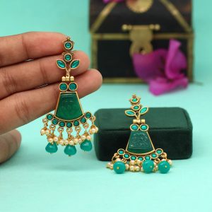 Green Color Carving Stone Antique Earrings-0