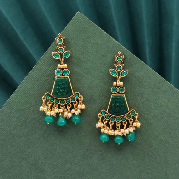 Green Color Carving Stone Antique Earrings-14502