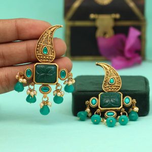 Green Color Carving Stone Antique Earrings-0