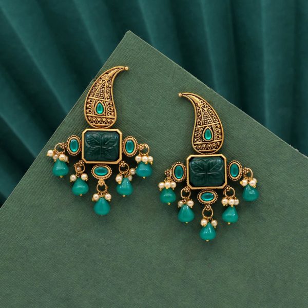 Green Color Carving Stone Antique Earrings-14512