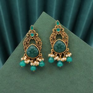 Green Color Carving Stone Antique Earrings-0