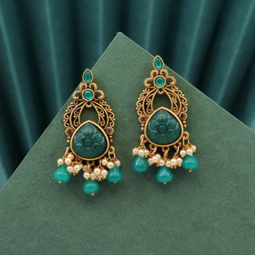 Green Color Carving Stone Antique Earrings