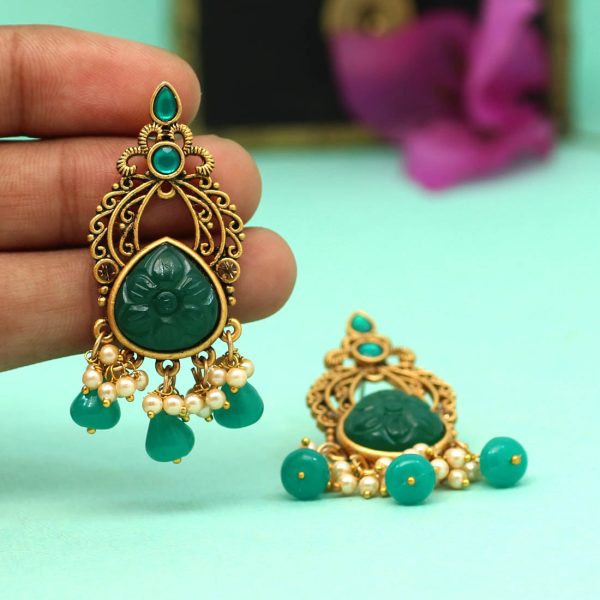 Green Color Carving Stone Antique Earrings-14071