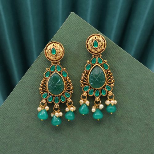 Green Color Carving Stone Antique Earrings