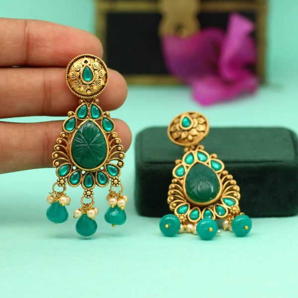 Green Color Carving Stone Antique Earrings-14079