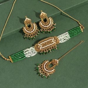 Green Color Choker Antique Necklace Set-0