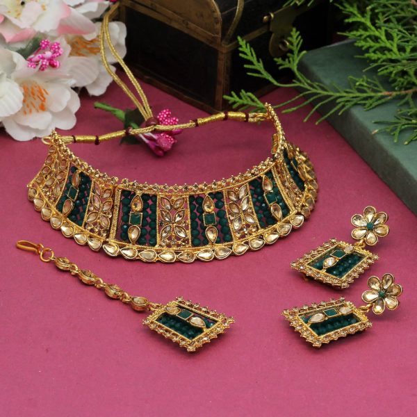 Green Color Choker Kundan Polki Necklace Set-4821