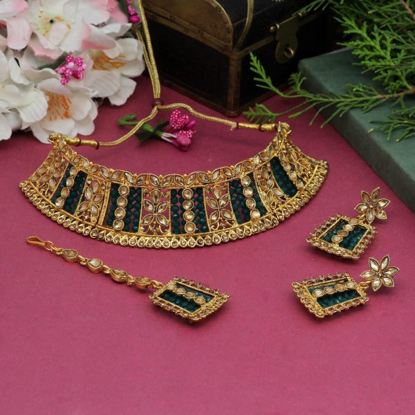 Green Color Choker Kundan Polki Necklace Set-0