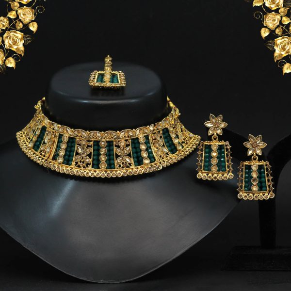 Green Color Choker Kundan Polki Necklace Set-4853