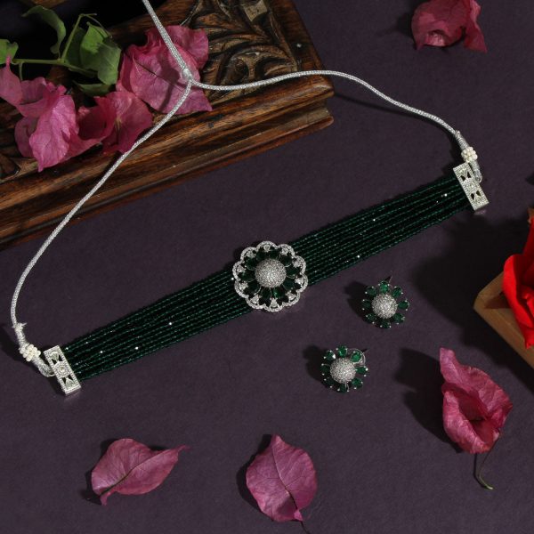 Green Color Choker Premium American Diamond Necklace Set-4697