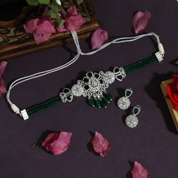 Green Color Choker Premium American Diamond Necklace Set-4701