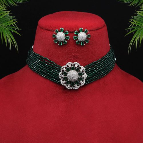 Green Color Choker Premium American Diamond Necklace Set