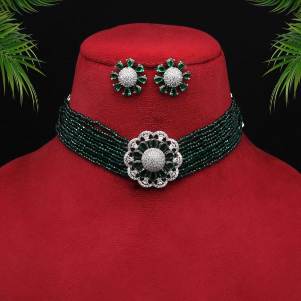 Green Color Choker Premium American Diamond Necklace Set-0
