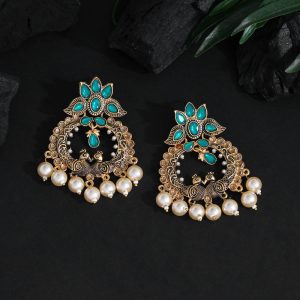 Green Color Colorful Kundan Antique Earrings-0