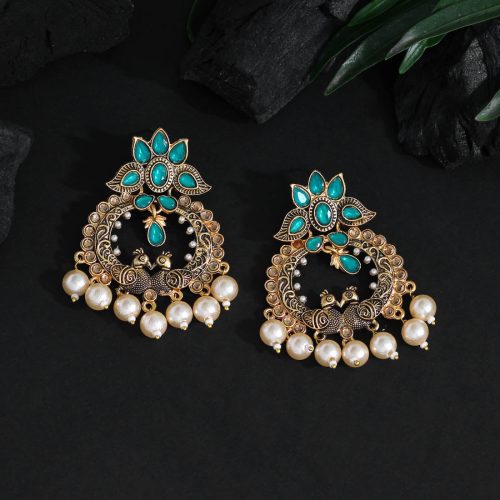 Green Color Colorful Kundan Antique Earrings