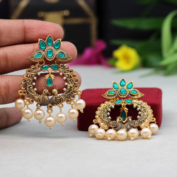 Green Color Colorful Kundan Antique Earrings-12284