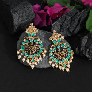 Green Color Colorful Kundan Antique Earrings-0