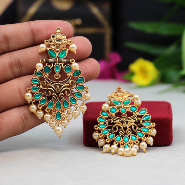 Green Color Colorful Kundan Antique Earrings-12304