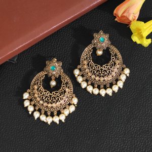 Green Color Colorful Kundan Antique Earrings-0