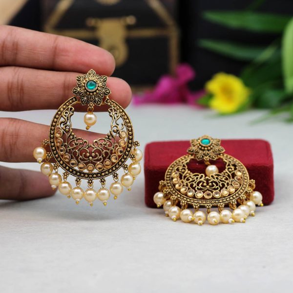 Green Color Colorful Kundan Antique Earrings-12318