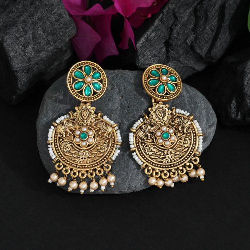 Green Color Colorful Kundan Antique Earrings