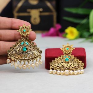 Green Color Colorful Kundan Antique Earrings-0