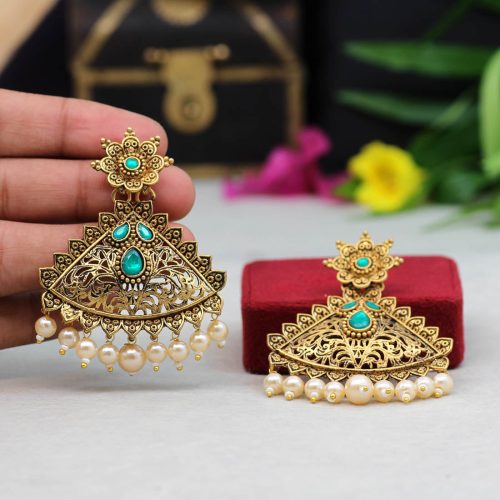 Green Color Colorful Kundan Antique Earrings