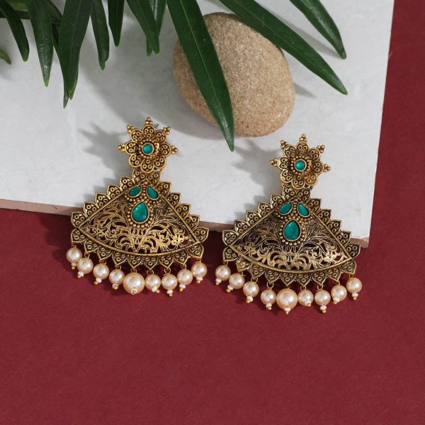 Green Color Colorful Kundan Antique Earrings-14568