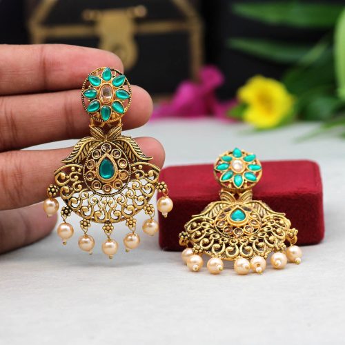 Green Color Colorful Kundan Antique Earrings