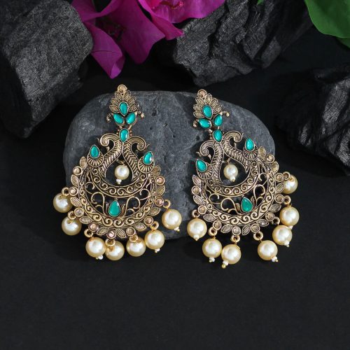 Green Color Colorful Kundan Antique Earrings