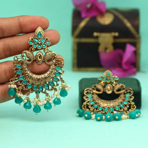 Green Color Colorful Kundan Antique Earrings