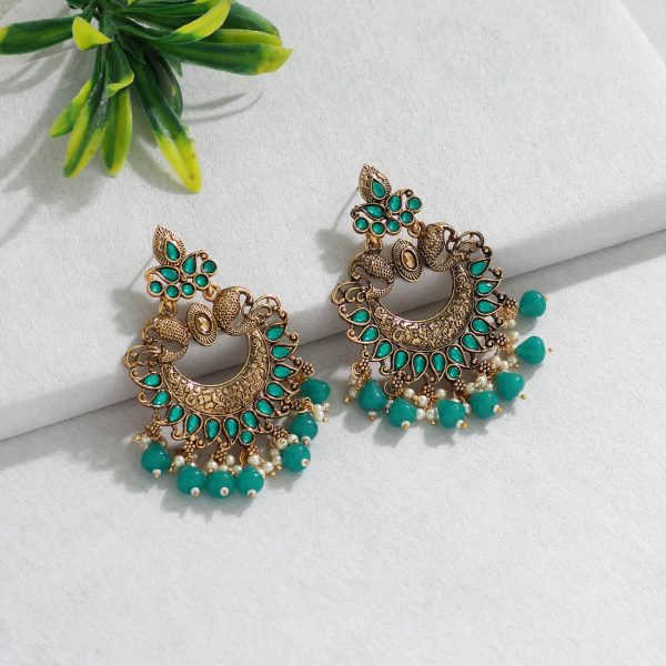 Green Color Colorful Kundan Antique Earrings-14227