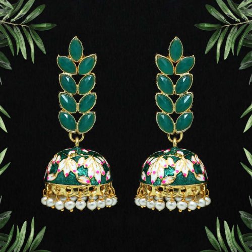 Green Color Glass Stone Meenakari Earrings