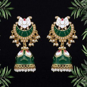 Green Color Glass Stone Meenakari Earrings-0