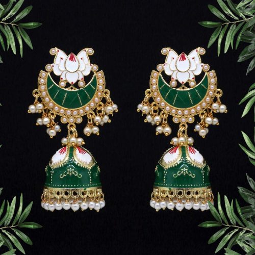 Green Color Glass Stone Meenakari Earrings