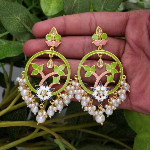 Green Color Glass Stone Meenakari Earrings