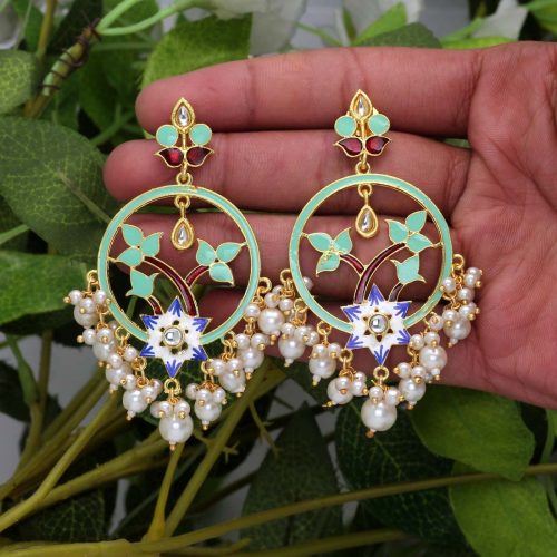 Green Color Glass Stone Meenakari Earrings