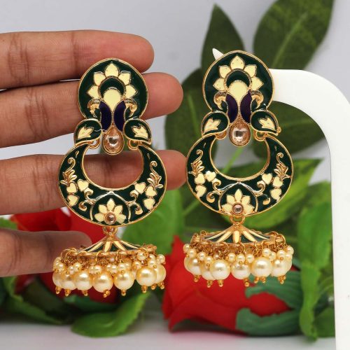 Green Color Glass Stone Meenakari Earrings