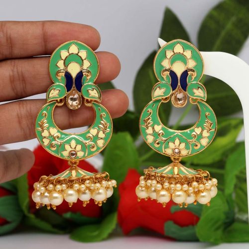 Green Color Glass Stone Meenakari Earrings