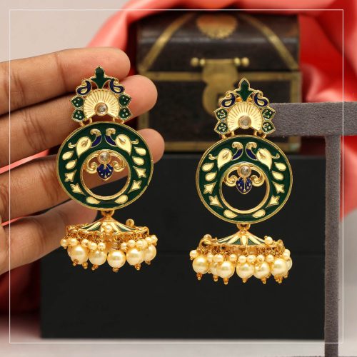 Green Color Glass Stone Meenakari Earrings