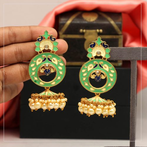 Green Color Glass Stone Meenakari Earrings