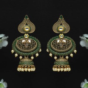Green Color Glass Stone Mint Meena Earrings-0