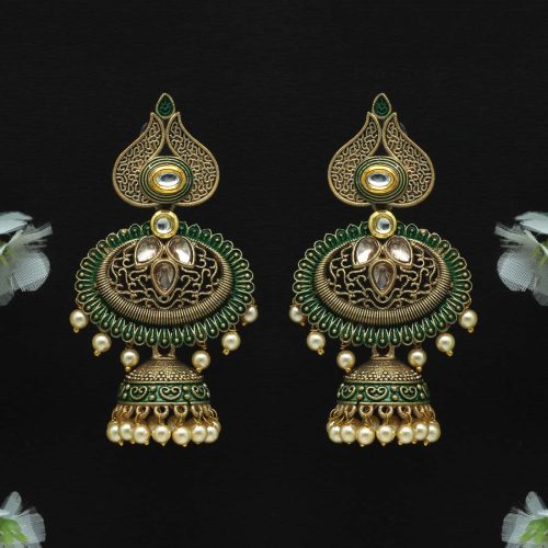 Green Color Glass Stone Mint Meena Earrings